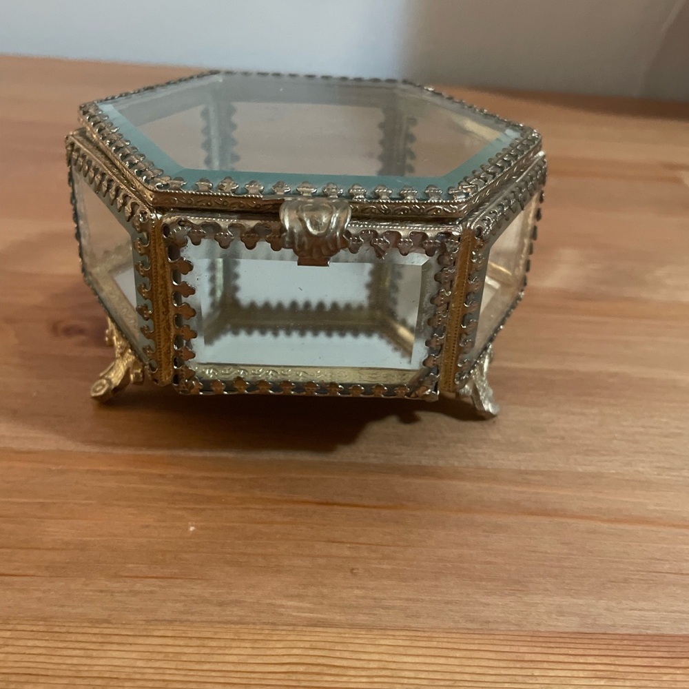 Hexagon Glass & Brass Jewelry Trinket Box - Picture 2 of 6